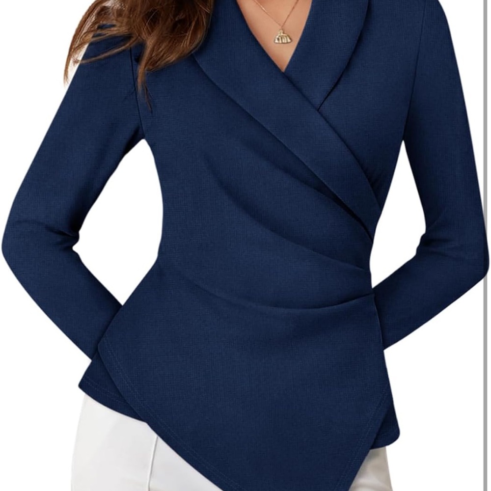 NWT Small Classic Navy Women wrap long sleeve shawl collar Top Coccko